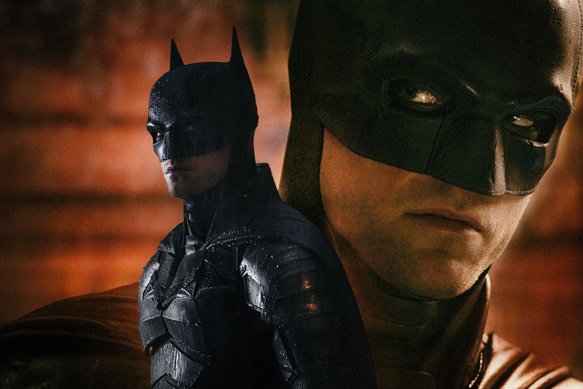 Composição de uma foto de duas fotos de Robert Pattinson como Batman do filme 