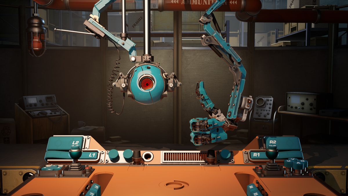 Um robô pintado de turquesa mostra o polegar para cima no Aperture Desk Job