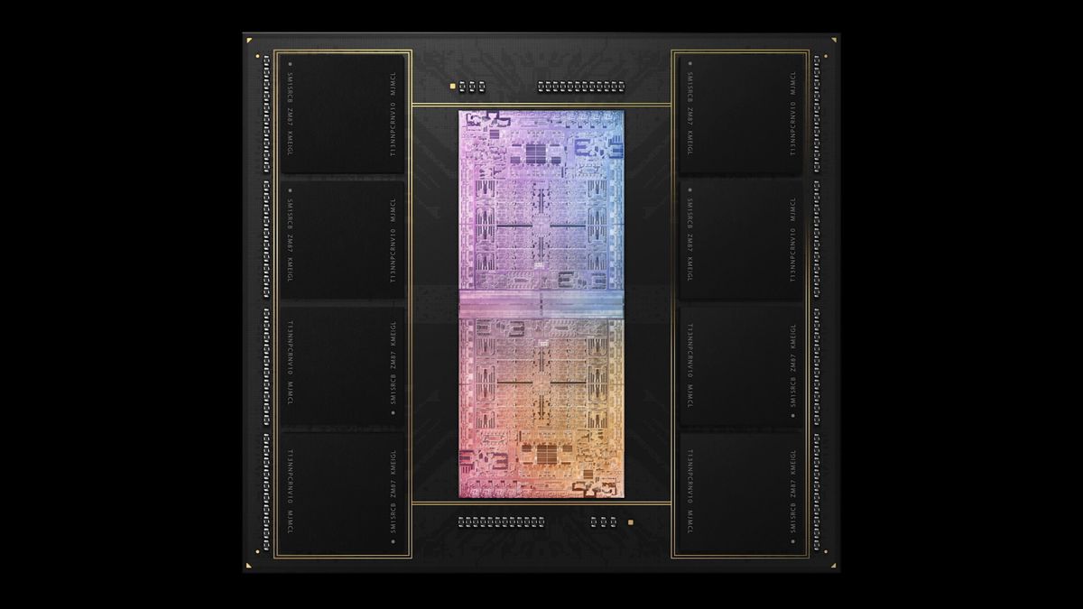 Um chip M1 Ultra brilhante de arco-íris, cercado por módulos de memória integrados