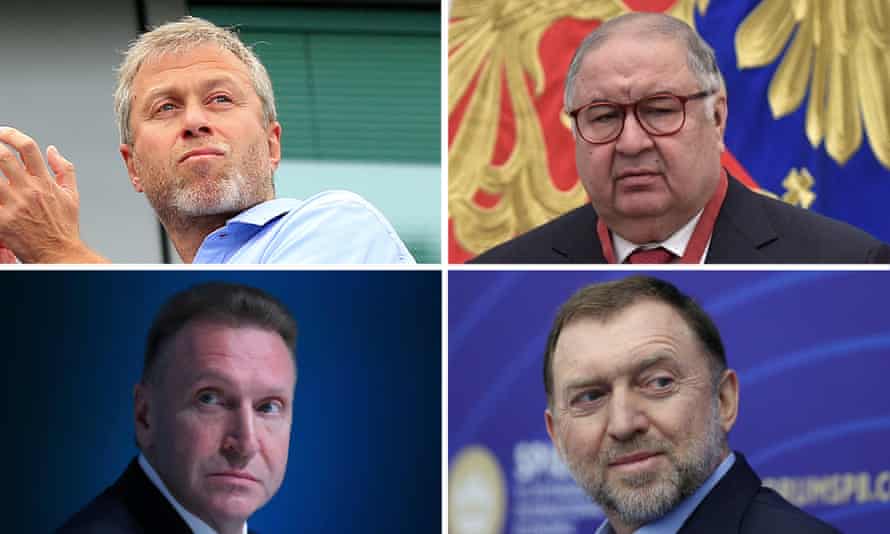 No sentido horário, da esquerda: os empresários Roman Abramovich, Alisher Usmanov, Oleg Deripaska e Igor Shuvalov aparecem no Asset Tracker da Rússia.