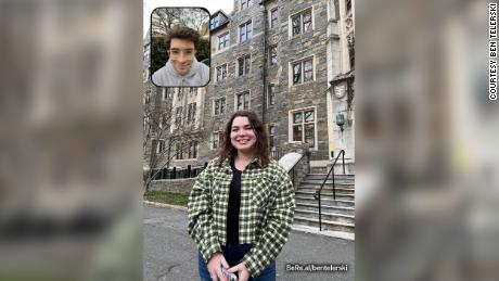 Ben Telerski e Alexandra Henn em uma foto de seu aplicativo BeReal.  O aplicativo tira uma foto dupla que mostra ao usuário uma selfie e o que está na frente dele.