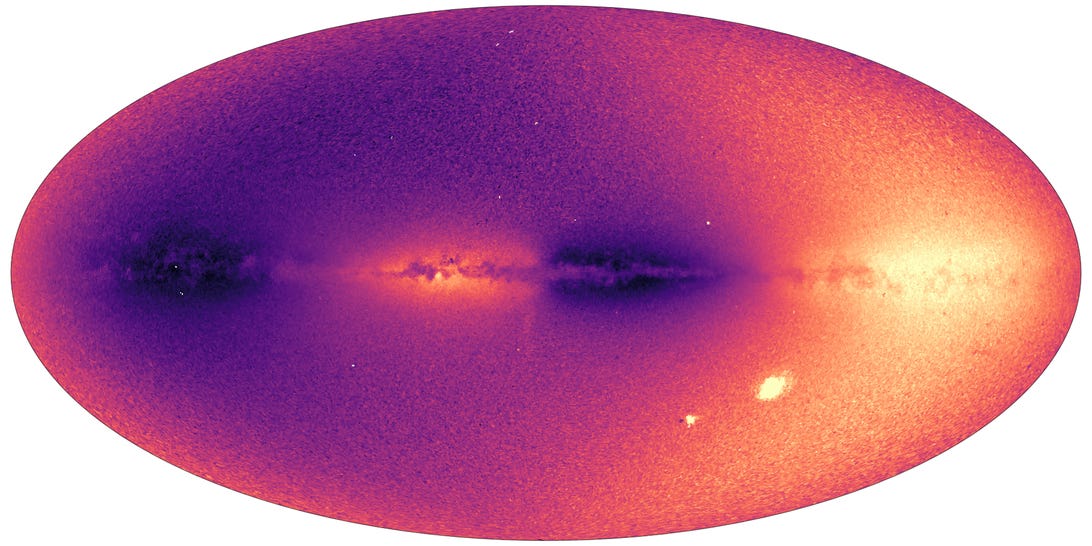 Mapa com pontos brilhantes representando galáxias e nuvens cósmicas.