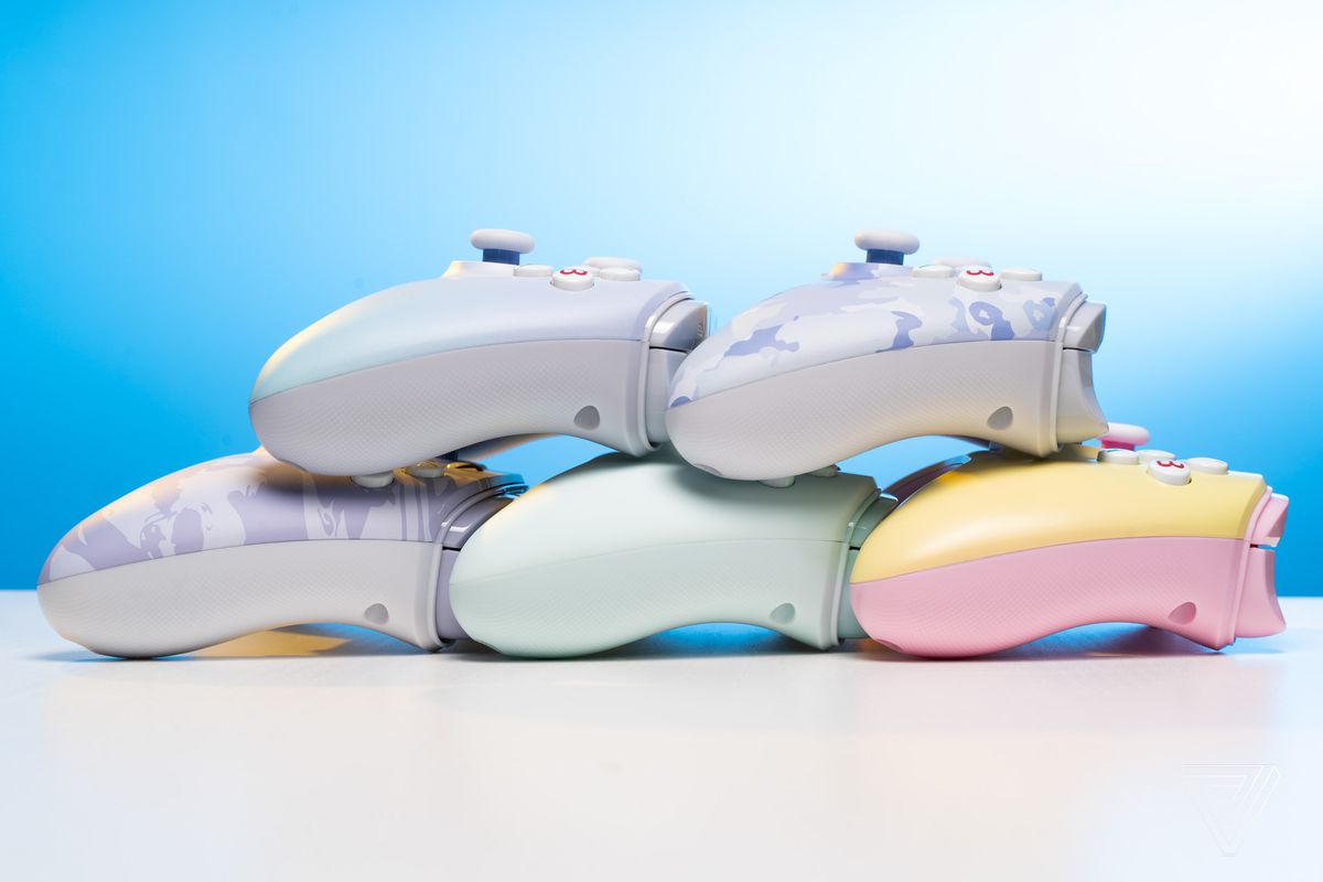 Imagem de perfil de todos os cinco consoles PowerA Enhanced Wired Pastel.