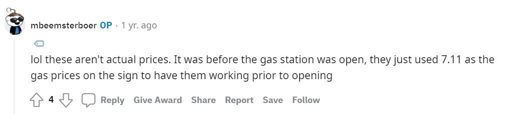 Um post do Reddit sobre os preços do gás na 7-Eleven. 