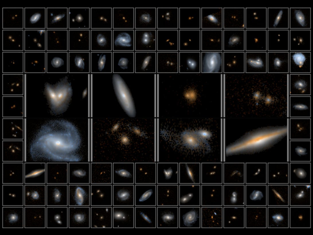 Mosaico de fotos mostrando uma variedade de galáxias
