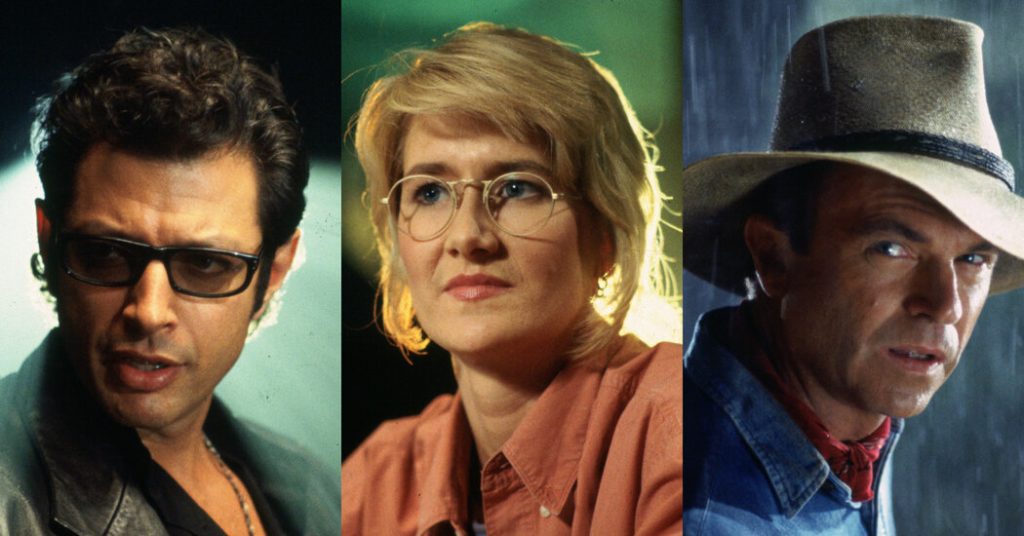 Laura Dern, Jeff Goldblum e Sam Neill em sua entrevista "Jurassic"
