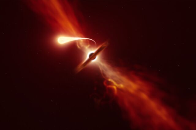 Impressão artística de uma estrela gradualmente interrompida pela forte atração gravitacional de um buraco negro supermassivo.