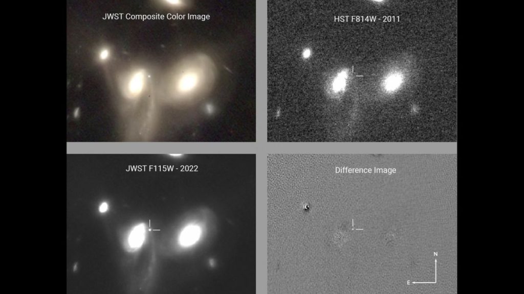 The supernova is visible in the Webb images as a small bright dot on the right of the big bright spot on the left.