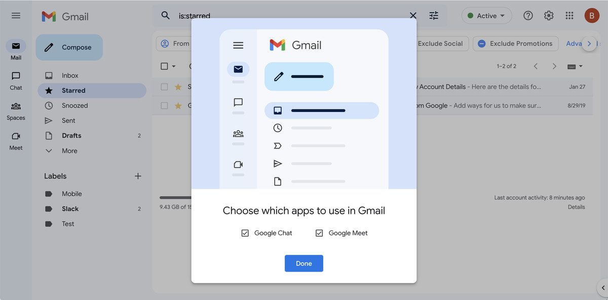 Janela pop-up para escolher quais aplicativos usar no Gmail