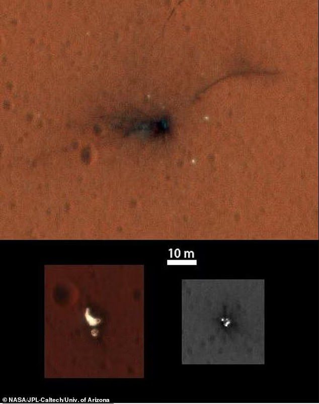 Há um total de nove naves espaciais inativas na superfície de Marte, incluindo a sonda Mars 3, a sonda Mars 6, a sonda Viking 1, a sonda Viking 2, o rover Sojourner, a sonda Schiaparelli da Agência Espacial Europeia (foto), a sonda Phoenix, Espírito.  Oportunidade Rover e Rover