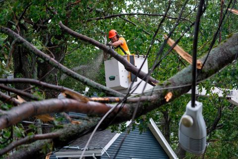 Um trabalhador remove árvores e fios caídos em Halifax, Nova Escócia, no sábado.