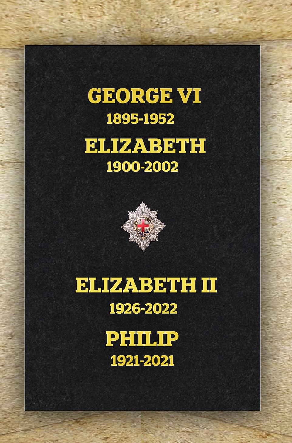 Uma laje de pedra com os nomes da rainha Elizabeth II, seu falecido marido, o príncipe Philip, e seus pais, o rei George VI e a rainha Elizabeth, foi instalada na Capela de São Jorge em Windsor