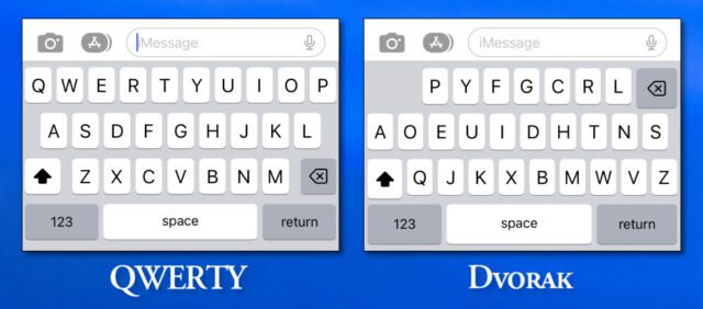 Layouts de teclado QWERTY e Dvorak lado a lado no iPhone.