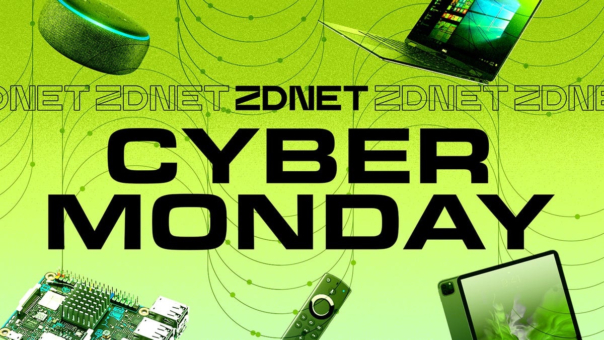 Grande texto branco da Cyber ​​​​Monday com dispositivos eletrônicos por trás
