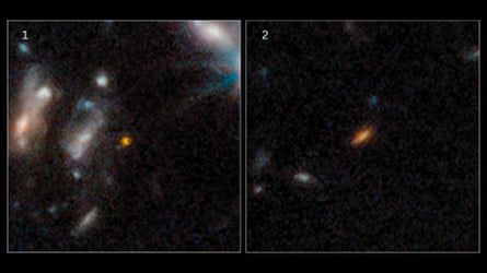 Imagens lado a lado de galáxias distantes, aparecendo como elípticas borradas avermelhadas contra a escuridão do espaço