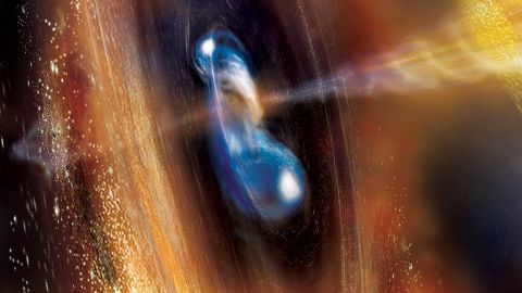Esta ilustração mostra duas estrelas de nêutrons começando a se fundir.