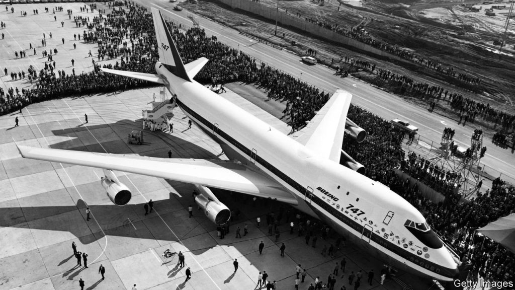 The first Boeing 747 is rolled out of the Boeing company's plant in the State of Washington in September 1968. On September 30, 1968, the first 747 was rolled out of the Everett assembly building before the world's press and representatives of the 26 airlines that had ordered the plane, and first flight took place on February 09, 1969. The Boeing 747, called also "Jumbo Jet", entered service on January 21, 1970, on Pan Am's New YorkLondon route. (Photo by - / AFP) (Photo credit should read -/AFP via Getty Images)